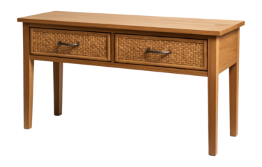 Woven drawer console table with natural wood finish, ideal for beach house essentials.