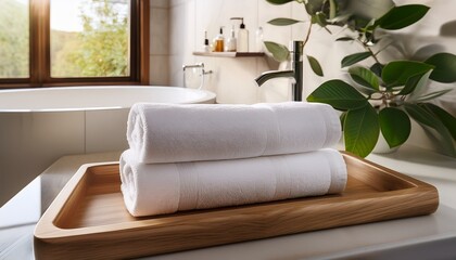 white rolled towel on a wooden tray in a modern spa like bathroom interior with a serene atmosphere