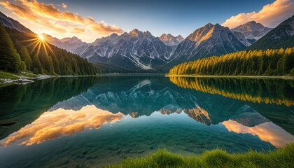 Sunrise over mountain lake, golden clouds, trees, reflecting in serene water