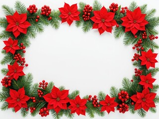 Festive frame of poinsettias, berries, and evergreen branches, blank center