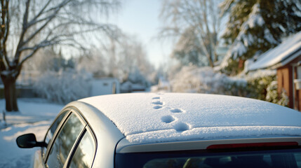 Obraz premium Snow-covered car roof with animal footprints in wintry neighborhood