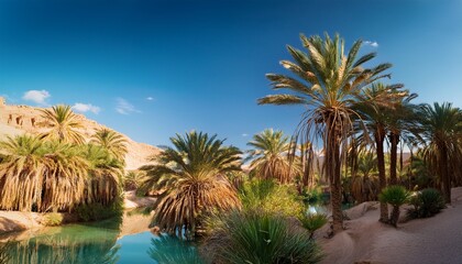 tropical palms swaying in a desert oasis