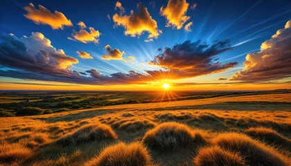 Golden sunset over rolling hills, bright sun, fluffy clouds, and lush fields