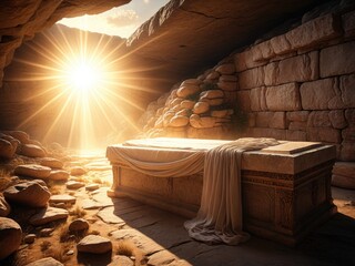 Ancient tomb bathed in sunlight, revealing an empty sarcophagus