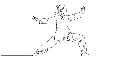 Continuous one line drawing of a person practicing tai chi, representing harmony, energy, and consciousness, vector illustration style.