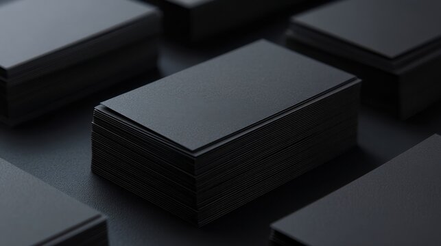 A stack of elegant black business cards neatly aligned against a dark background,