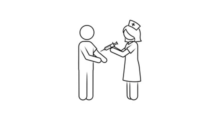 Stick figure nurse giving injection to patient. Medical vaccination and healthcare procedure. Immunization concept line art.