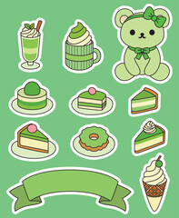 Kawaii green dessert set with cute bear, matcha cakes, drinks, donuts, and ice cream in playful pastel style. Perfect for cafe or sweet-themed designs.