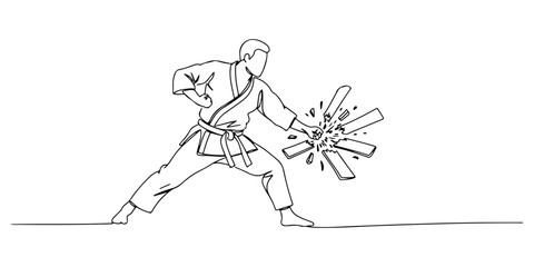 Fototapeta premium Continuous one line drawing of a karate master breaking a board, symbolizing discipline, tradition, and strength, style vector illustration.