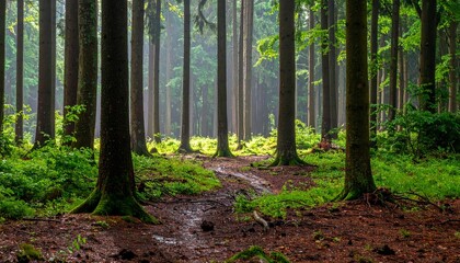 Obraz premium Forest with patches of bare soil between tree trunks after recent light rain in early summer morning