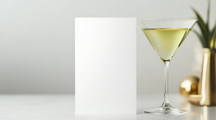 Minimalist elegance: A blank card stands beside a sophisticated cocktail, offering space for your message or brand. Refined simplicity meets celebration.
