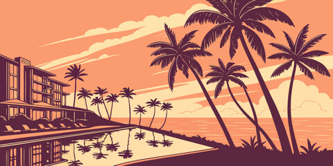 topical beach sunset with palm trees reflected in a serene infinity pool at a seaside resort