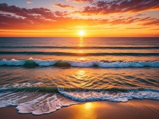 Ocean sunset, waves gently rolling onto the sandy beach with bright orange sky