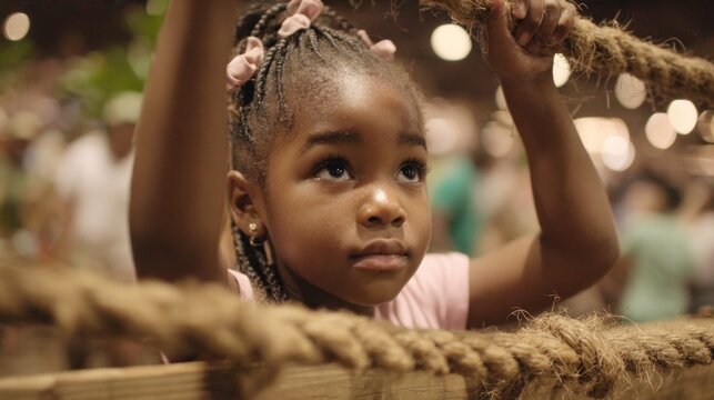 Medium shot capturing a young kid navigating an obstacle course focused on their determined expression against a softly blurred busy play environment.