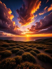 Dramatic sunset over ocean, gold sun, glowing clouds, grassy foreground, vivid colors