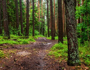Naklejka premium Forest with patches of bare soil between tree trunks after recent light rain in early summer morning