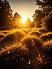 Golden sunburst over a field of grass, trees surround, light and shadow play