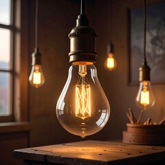 Warm-toned Edison bulb, hanging from dark fixture, against a rustic workshop setting