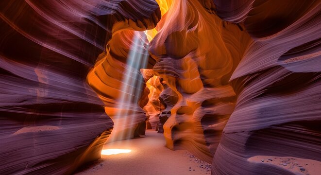 Enchanting slot canyon with radiant sunbeam piercing through sculpted sandstone, casting golden light on the sandy floor and revealing the mesmerizing textures, colors, and curves of this natural marv