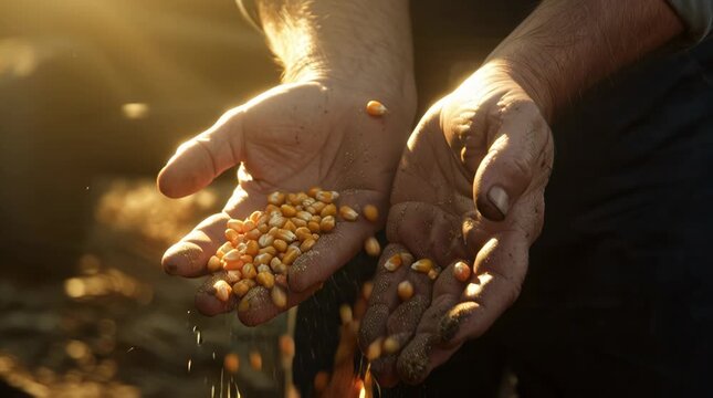 Close-up of a hardworking farmer, hands full of corn, cinematic sunlight