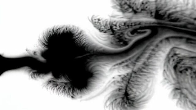 An extreme close-up macro video captures a single drop of rich black ink diffusing with feathery tendrils across a pristine white canvas, highlighting intricate patterns. Abstract liquid choreography