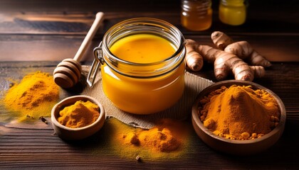 wooden table with a jar of honey and turmeric emphasizing nutritious food choices