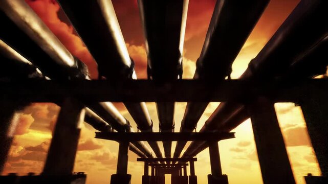 Low-angle steadicam tracking video along massive, dark grey oxidized steel industrial pipelines, silhouetted against a vibrant orange and red sunset sky. Raw industrial power concept