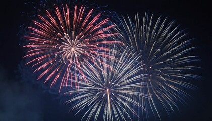 Obraz premium Spectacular red, white, and blue fireworks display in a dark night sky, celebrating the 4th of july or a national holiday