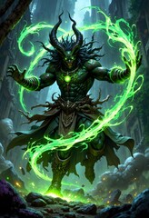 Powerful green sorcerer conjuring magic in an ancient overgrown cityscape