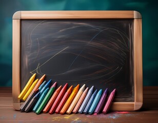 colorful crayons scattered near blackboard a playful burst of creativity in learning
