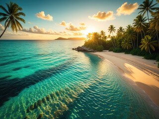 Tropical beach paradise at sunset; turquoise water, palm trees, and golden sand