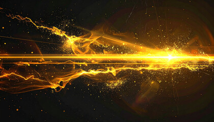 Abstract image of a glowing gold light beam with motion blur and scattered particles on a dark background, creating a dynamic futuristic and energetic visual effect.