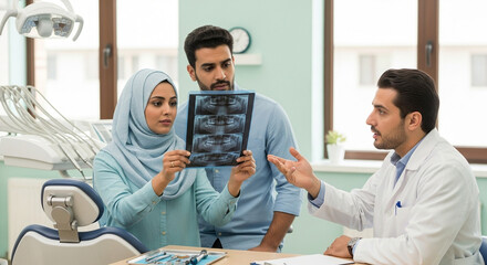 Fototapeta premium Dentist explaining dental xray results to concerned muslim couple in bright, modern dental office, fostering trust and understanding