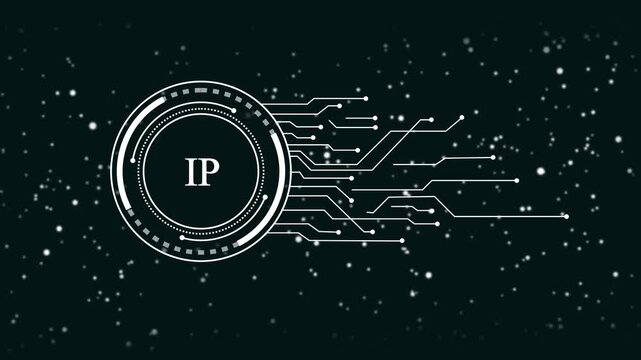 Digital I P icon with futuristic H U D elements and data streams against a dark starry background representing innovation technology and intellectual property protection