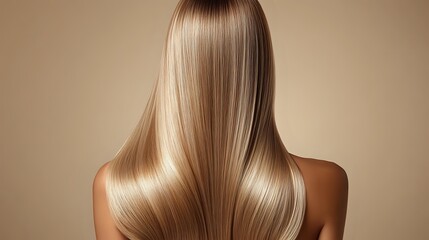 Naklejka premium Young woman with long straight blonde glossy hair from back view against beige background, demonstrating healthy, smooth, shiny hairstyle after salon treatment.