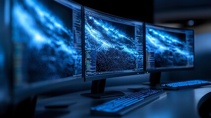 Multiple computer monitors displaying blue glowing data visualization and analytics dashboard in dark office environment, modern technology workspace setup.