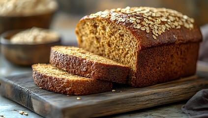Freshly baked whole grain bread loaf topped with oats and seeds, sliced on rustic wooden cutting board, showing soft texture and golden brown crust.