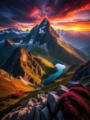 Mountain vista at sunset. Lake and path guide to alpine peaks. Dramatic orange sky