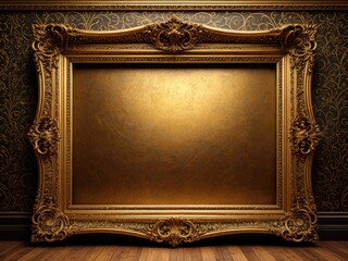 Gilded frame on patterned wall and wood floor, empty canvas, ornate