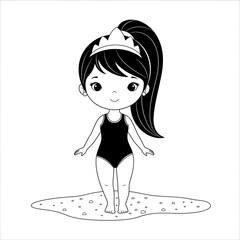 Confident Girl in Swimsuit with Crown – Monochrome Cartoon coloring page