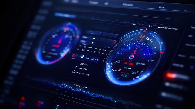 Modern car dashboard with glowing blue speedometer and tachometer gauges displaying digital readings against dark background, futuristic automotive interface design.