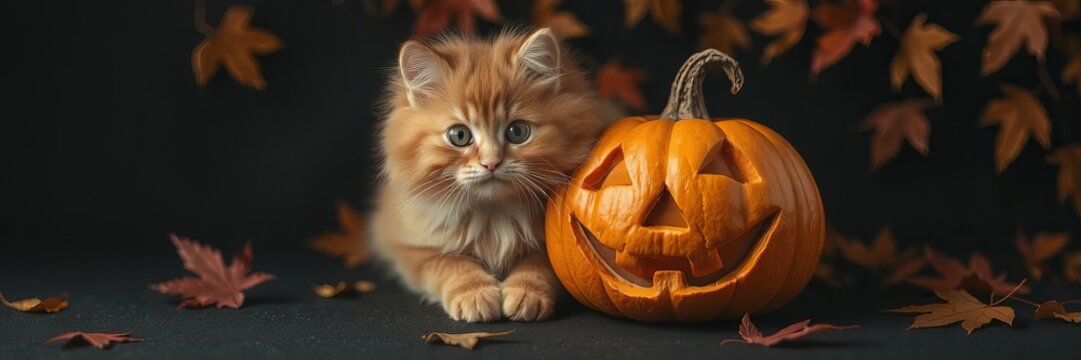 An adorable ginger kitten rests peacefully beside a grinning jack olantern amidst falling autumn leaves against a dark backdrop, evoking seasonal cheer.