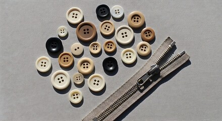 Assorted Buttons in Neutral Colors Near Metal Zipper on Light Gray Surface