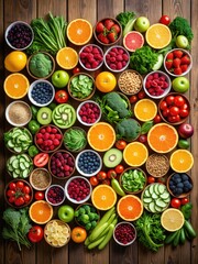 Colorful, organized array of various fruits and vegetables on a wooden surface