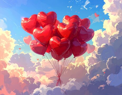 Heart balloons floating in a pastel sky