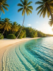 Tropical beach scene with palm trees, turquoise water, and a bright blue sky