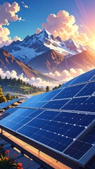 Solar panels on a mountain vista.  Sunrise over snow-capped peaks.  Tranquil landscape