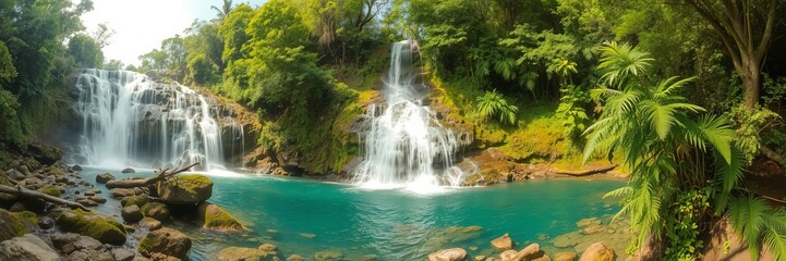 Obraz premium Lush green tropical foliage surrounds a gorgeous waterfall cascading into a turquoise pool on a beautiful sunny day in a pristine natural environment.