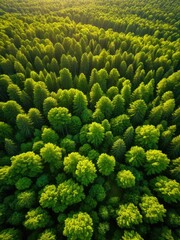 Aerial view of a lush, vibrant green forest canopy, basking in sunlight