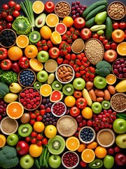 Assortment of fresh fruits, vegetables, and nuts, vibrantly arranged